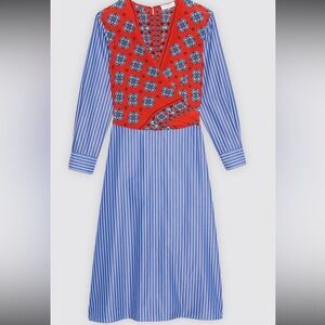 Sandro Red and Blue Geometric Long Sleeve Midi Dress ,size 4